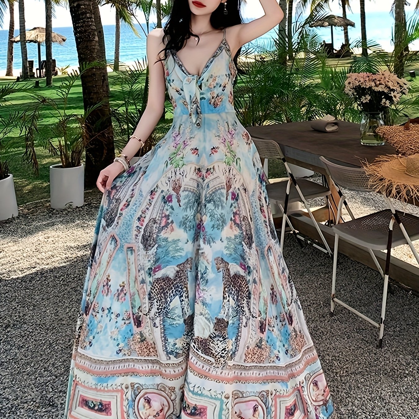 Women's Vibrant Floral Print Sleeveless Maxi Dress with Tropical V-Neck and Ruffled Hem - Perfect for Summer Vacations and Beach Outings, Vacation Attire | Fitted Waist, Beach Dress
