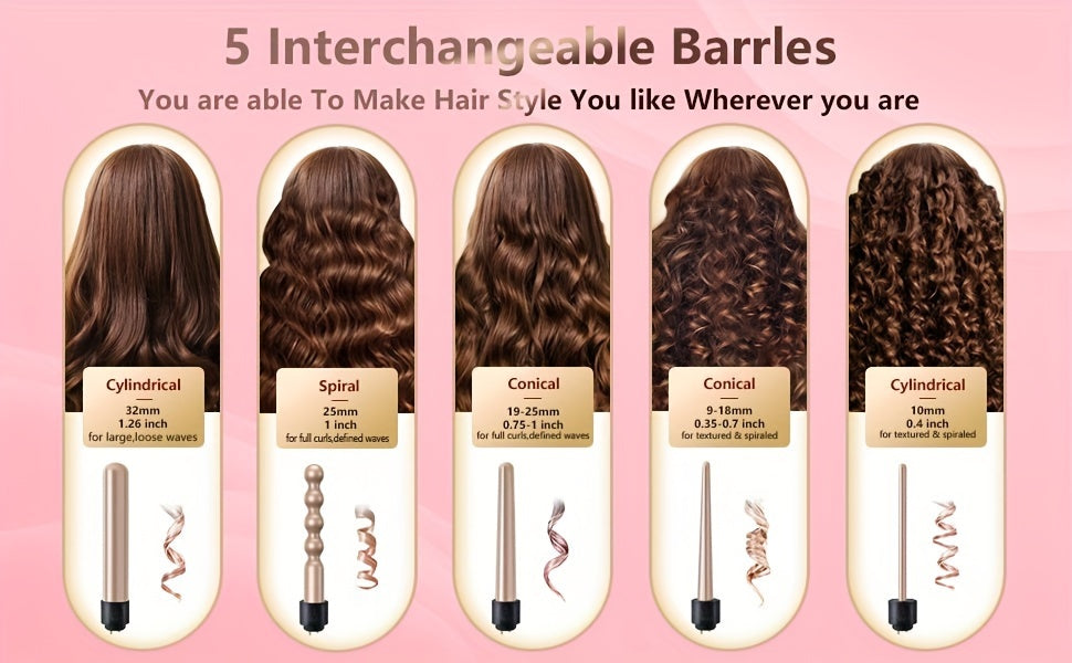 Hair Curling Wand 5in 1 Hair Curlers Iron Set 1.25inch with 5 Ceramic Interchangeable Barrel for Long Short Hair Styling Tool 1inch Hairs Crimper for Women Gifts Birthday Christmas New Year Festival Hairstylist Essentials Sty