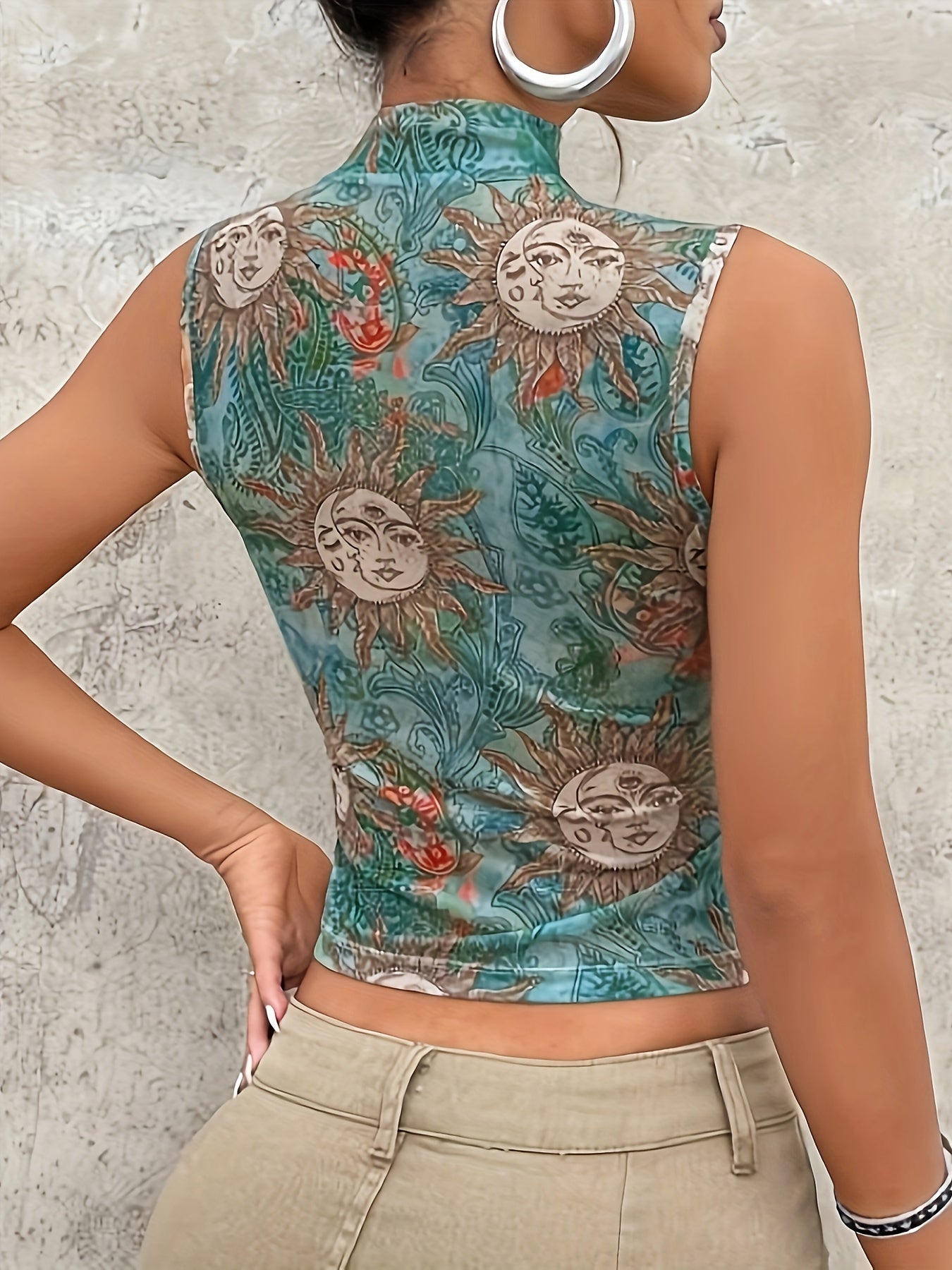 Women'S High Neck Sunflower Print Tank Top - Polyester 95%, Spandex 5% Knit Fabric Vest for All Seasons