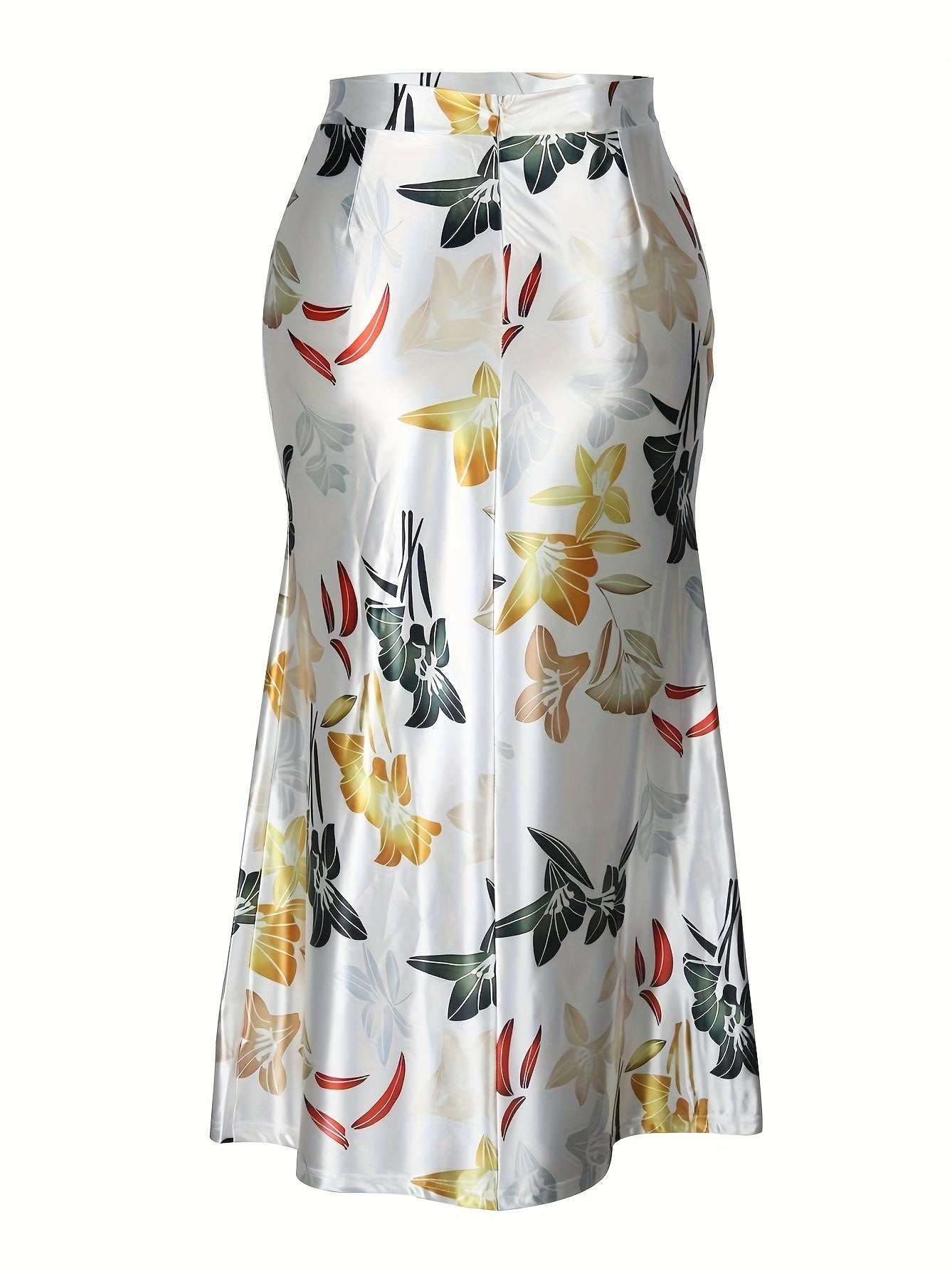 Women's Elegant Floral Print Stretchy Mermaid Skirt - Plus Size Long Flowy Polyester-Spandex Blend, Machine Washable All-Season Midi Skirt for Casual & Formal Wear, Comfortable Fashion | Highwaisted Skirt | Flexible Wear