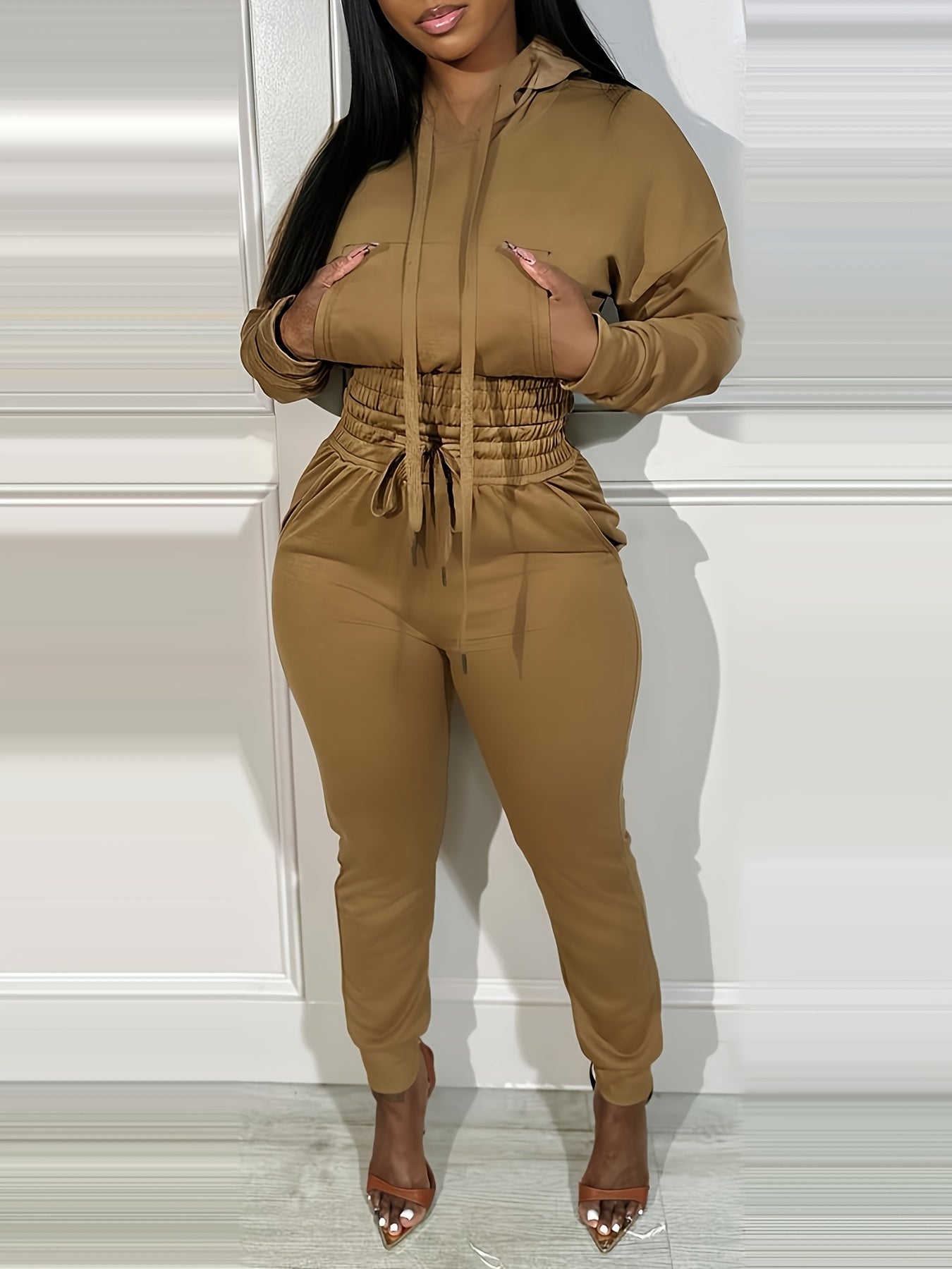 Two-piece Long Sleeve Kangaroo Pocket Drawstring Hoodie & High Waist Drawstring Jogger Pants, Casual Solid Color Women's Clothing Set