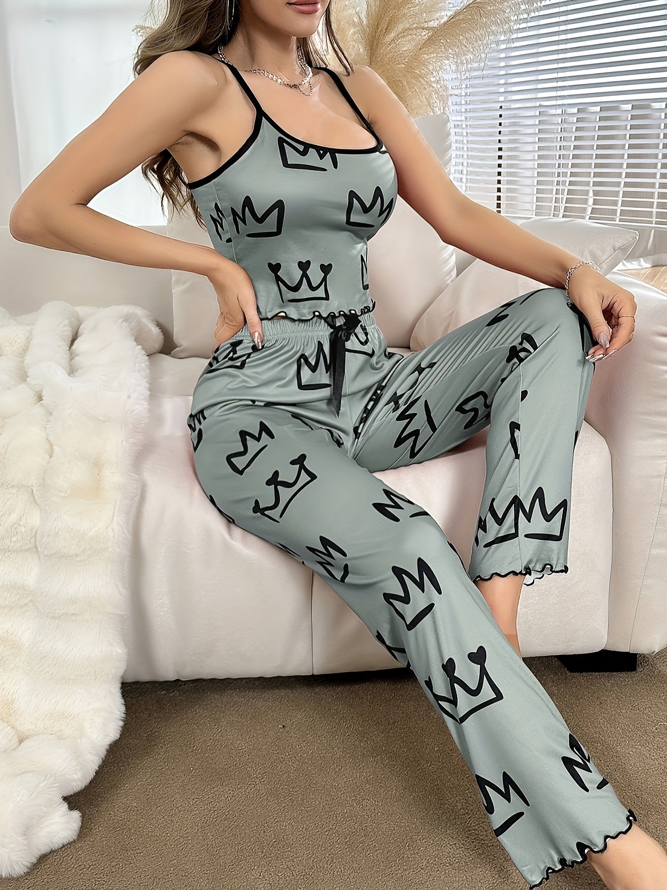 Adult Crown Print Pajama Set - Sexy Style, Sleeveless Spaghetti Strap Top & Long Pants with Bow Detail, Polyester Blend, All-Season Comfort, Bedroom Essentials|Sexy Pajama Set|Polyester Fabric