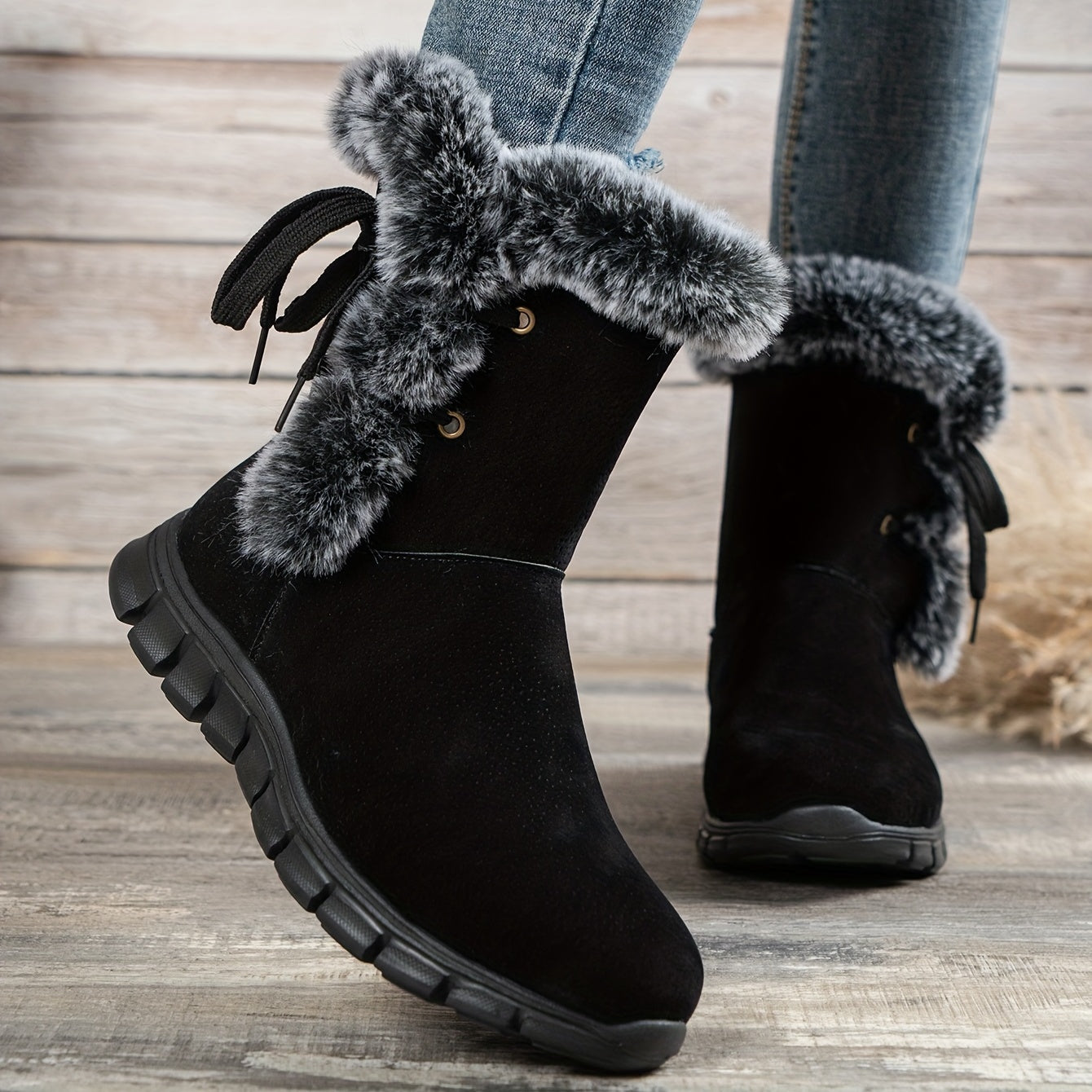 1pr Winter Women'S Solid Color Ankle Booties - Lace-Up Fabric Upper, Low Platform Heel, Faux Sole, Warm Fleece-Lined Dress Boots with Anti-Skid Short Design