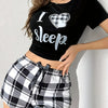 New Spring and Summer Fashion Set with Alphabet Print Short Sleeve T-shirt and Bow Plaid Shorts Two-piece Set for Women, Casual Sports, Slimming, Soft, Skin-friendly, Comfortable, Simple, Home Clothes, Can Be Worn Outside, Pa