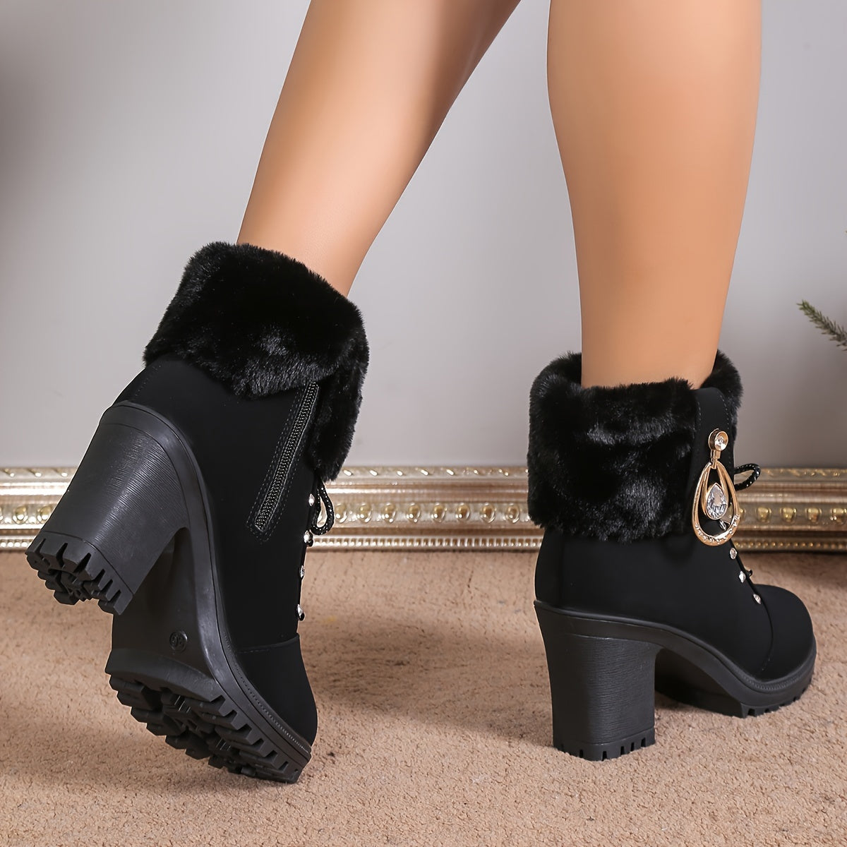 Women's Rhinestone Decor Block Heeled Boots, Fashion Lace Up Side Zipper Boots, Comfortable Winter Boots