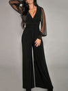 Elegant Black V-Neck Long Sleeve Jumpsuit with Sheer Netting Sleeves - 100% Polyester, Machine Washable, All-Season Women's Fashion Outfit, Clothes for Young Ladies
