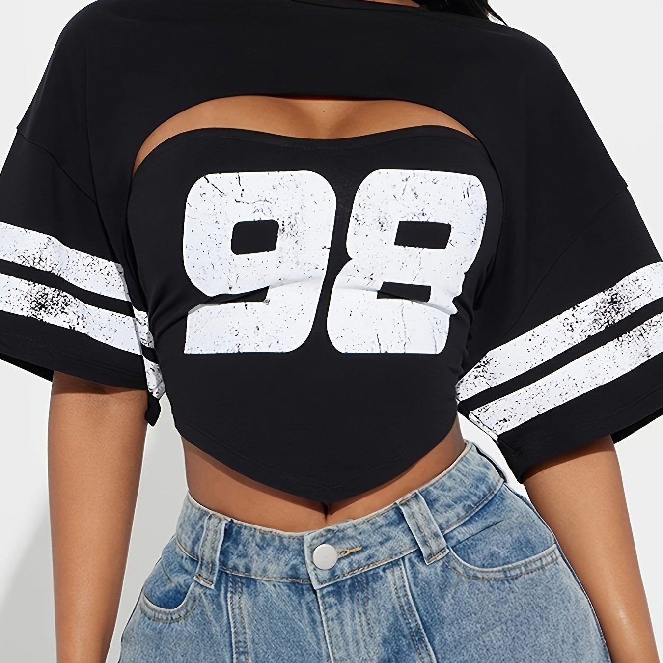 WLWXR Y2K Streetwear Solid Color Slim Fit 2 Two-Piece Sets - O-Neck Short Sleeve Top with Letter Print & Tube Top for Women, Black with White Numbers Design, Polyester Blend, Perfect for Casual Outfits