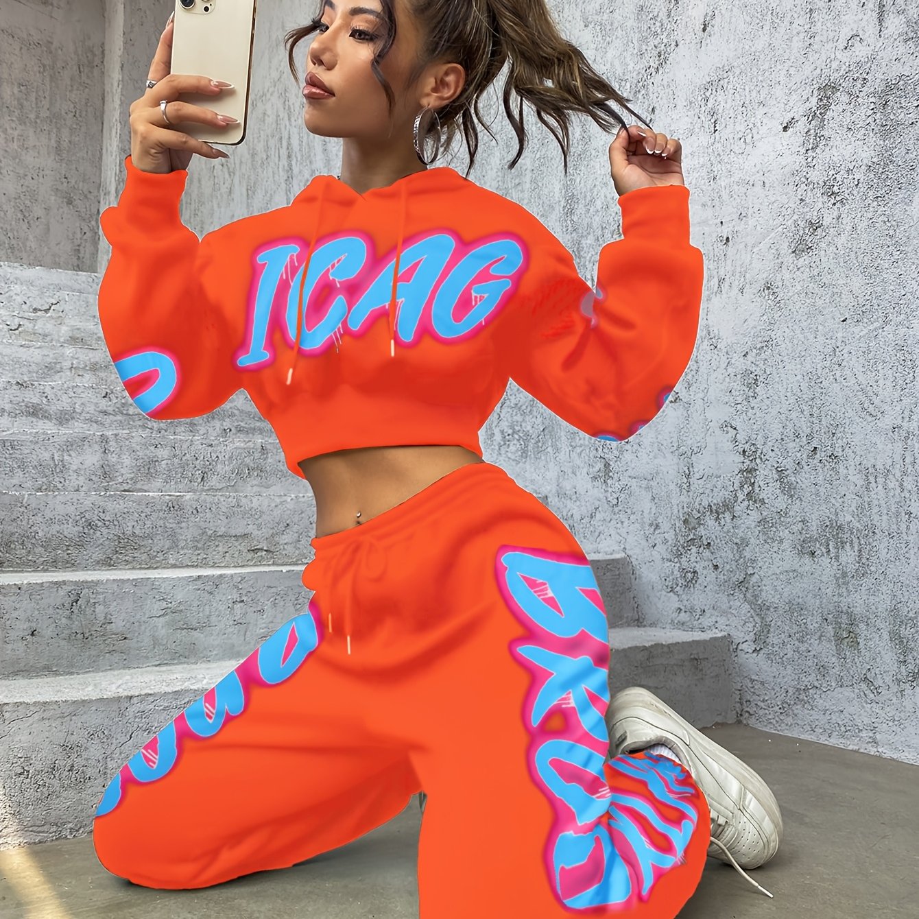 Women'S Spring/Fall Hooded Sweatshirt and Pants Set, Polyester 98% Elastane 2%, Alphabet Pattern, Knit Fabric, 250g/m² - A3964