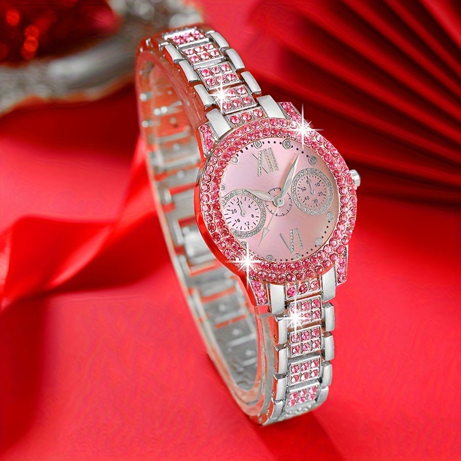4pcs Women's Fashion Quartz Watch & Jewelry Gift Set – Pink Round Dial Wristwatch with Rhinestone Bracelet, Necklace & Earrings – Elegant Zinc Alloy Accessory Collection