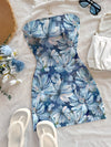 Women'S Elegant Floral Print Sleeveless Mini Dress - Blue & White Floral Design, Square Neck, A-Line Silhouette, Perfect for Summer Vacations, Beach Coverup | Aline Silhouette | Subtle Floral Prin