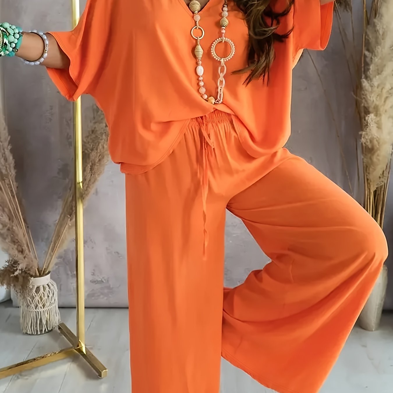 Women's Casual Solid Color Pants Set – Half Sleeve V-Neck Top & Wide Leg Pants, Lightweight Knit Outfit for Spring & Summer