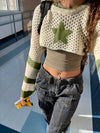 Chic Color Block Striped Crop Sweater - Casual Round Neck, Long Sleeve, Semi-Sheer Knit Top for Women, Polyester, Perfect for All Seasons, Knit Sweater