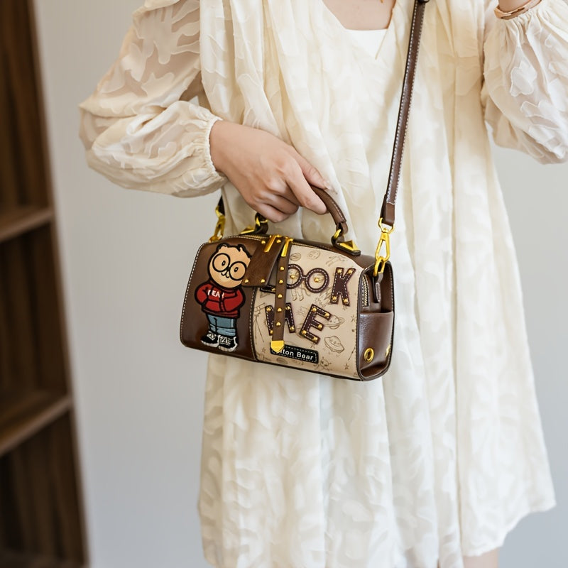 Vintage Cartoon Bear Print PU Leather Shoulder Bag with Embroidered Detail, Removable Strap, Zipper Closure, Polyester Lined, Animal Print Design, Edge Painted Boston Handbag