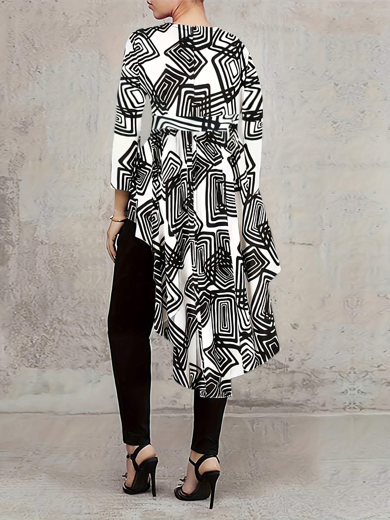 Geo Print Crew Neck Blouse, Casual Long Sleeve Asymmetrical Hem Top for Spring & Fall, Women's Clothing