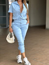 Ladies' Casual V-Neck Pocket Jumpsuit with Button Closure and Cuffed Ankle Pants