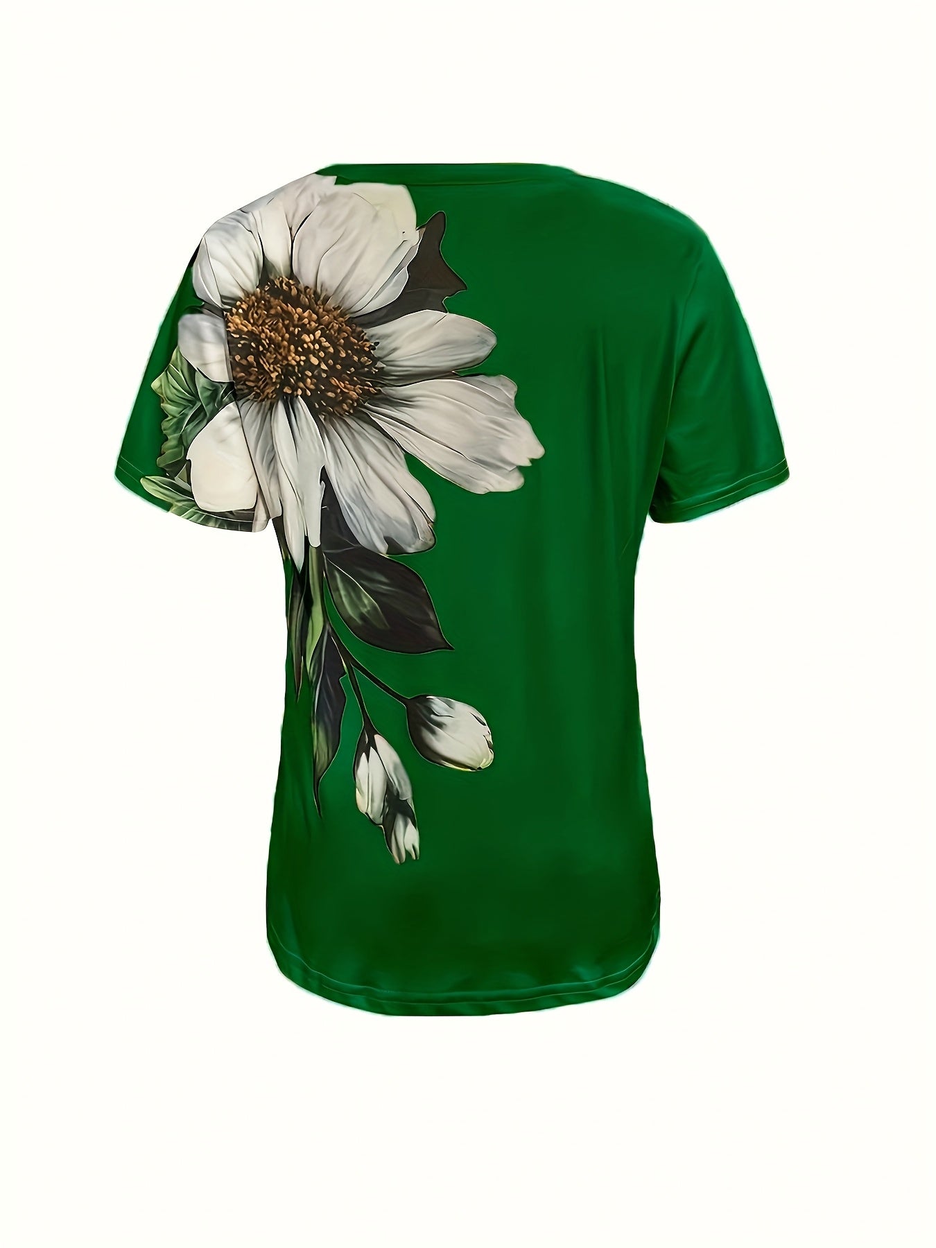 Women's Elegant Floral Print Short Sleeve T-Shirt - Bright Red with White Daisies and Green Leaves, Breathable Spring/Summer Casual Top | Floral Casual Tee | Comfort Fit, Women's T-Shirt
