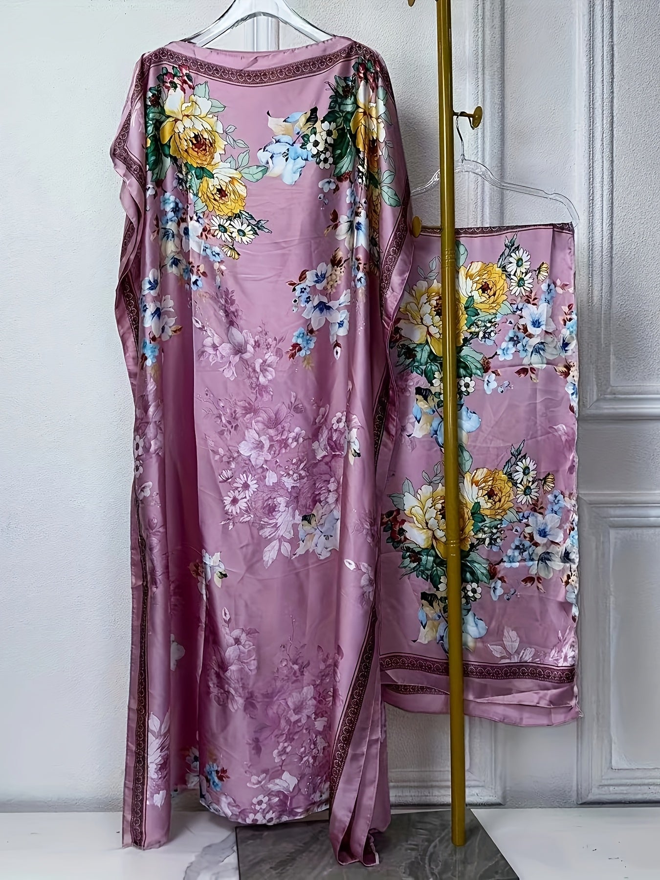 WINYI Women'S Long Kaftan Dress, Polyester 100% Crew Neck Tunic with Belt, Loose Fit All Over Print, Middle Eastern Bohemian African Style, Beach Cover Up, Elegant Evening Abaya for Dubai, Spring/Summer Collection
