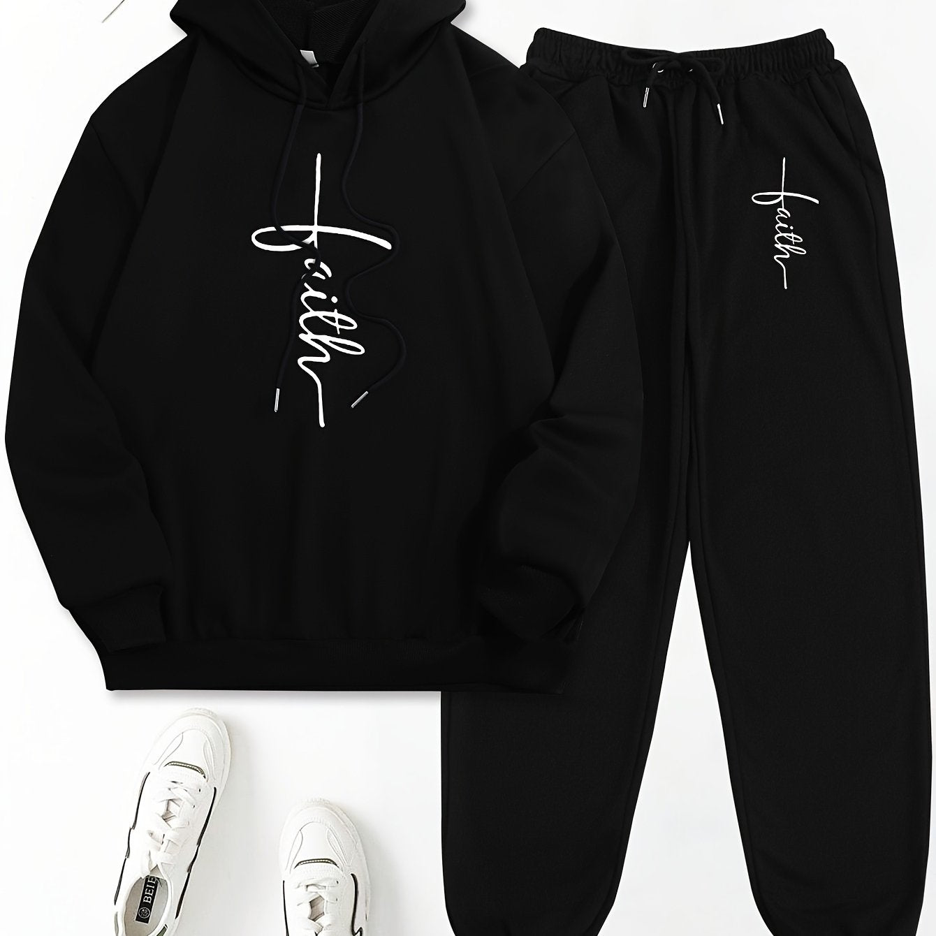 Women's 2pcs Casual Set - "Faith" Printed Hoodie & Jogger Pants, Long Sleeve, Polyester, Machine Washable, with Pockets - Perfect for Spring/Fall