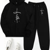 Women's 2pcs Casual Set - "Faith" Printed Hoodie & Jogger Pants, Long Sleeve, Polyester, Machine Washable, with Pockets - Perfect for Spring/Fall