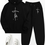 Women's 2pcs Casual Set - "Faith" Printed Hoodie & Jogger Pants, Long Sleeve, Polyester, Machine Washable, with Pockets - Perfect for Spring/Fall