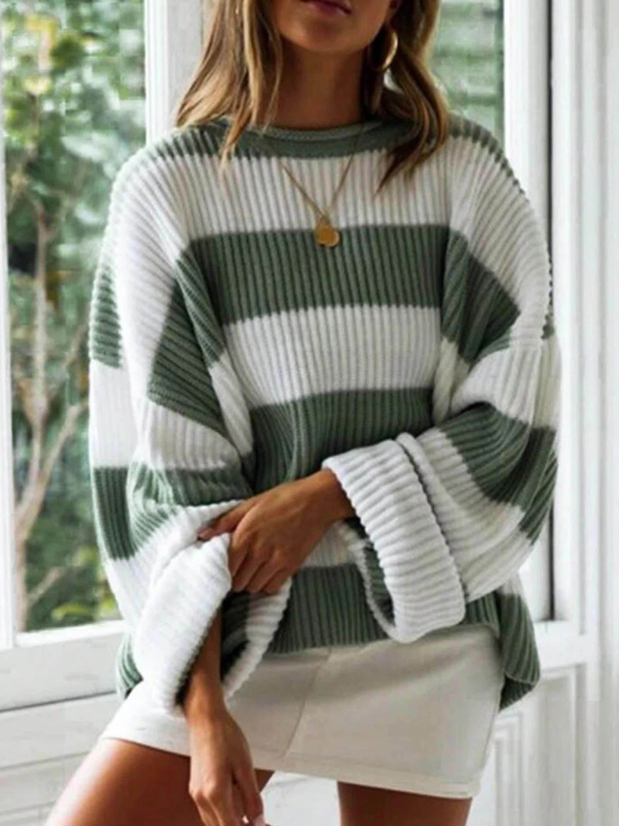 Long Sleeve Acrylic Pullover Sweater - Women's Casual Rib-Knit Crew Neck, Drop Shoulder, Loose Fit, Solid Color, All Season Knit Fabric Top