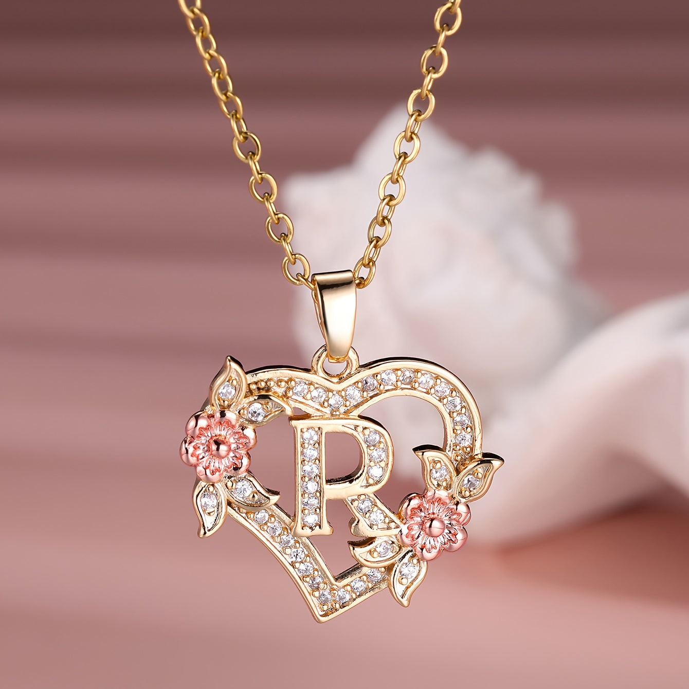 1pc A-Z Letter Love Heart Necklace Elegant zirconia Rose Golden Necklace Valentine'S Day Gift Trendy Jewelry For Women