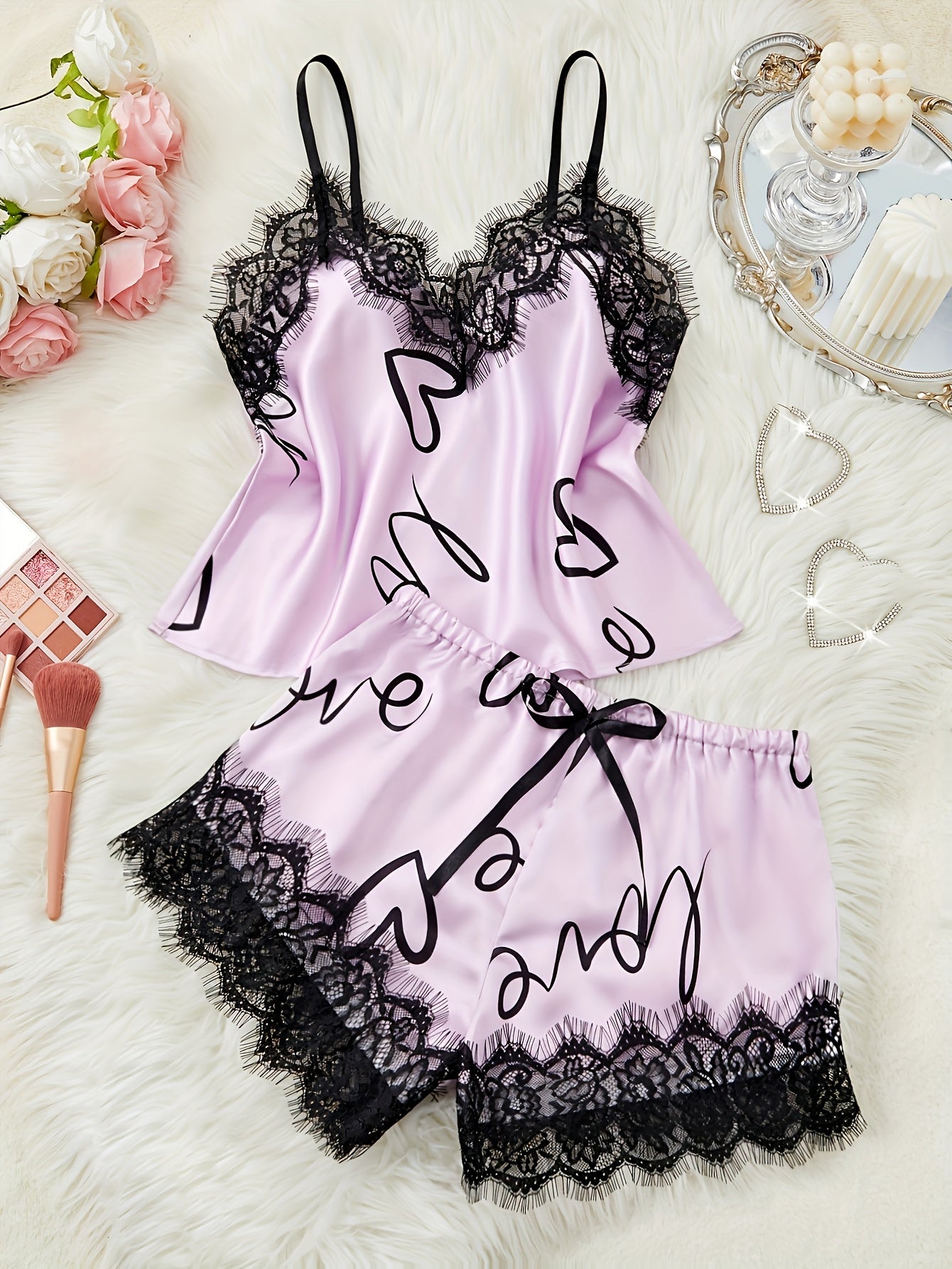 Women's Heart & Letter Print Lace Trim Elegant Satin Pajama Set, V Neck Backless Cami Top & Shorts, Comfortable Relaxed Fit, Summer Nightwear