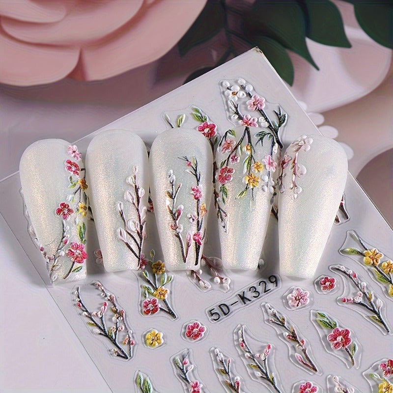2pcs 5D Floral Nail Art Stickers - Dreamy Purple & Pink Flowers, Vines & Roses | Realistic Self-Adhesive Decals for DIY Manicure | Fragrance-Free, Reusable Plastic Embellishments with Glitter Accents, Nail Stickers