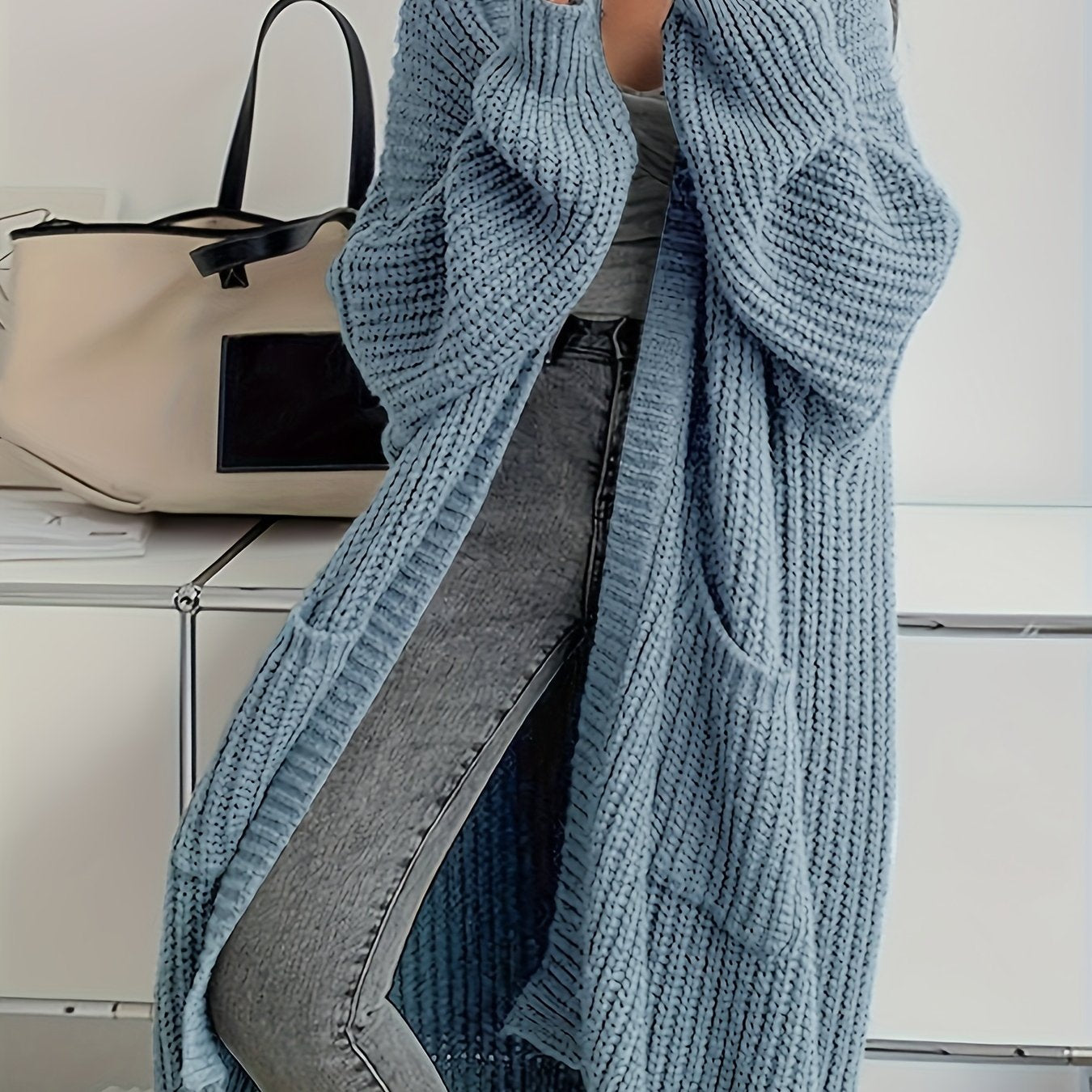 Women's Solid Color Open Front Knitted Cardigan, Long Sleeve, Spring/Fall Casual Wear