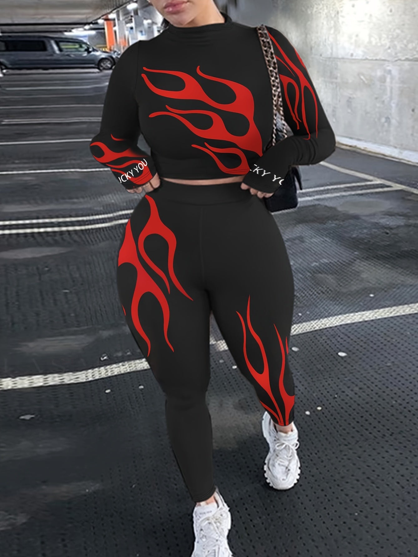 Flame Print Casual Two-piece Set, Crew Neck Long Sleeve Top & Pants Outfits, Women's Clothing