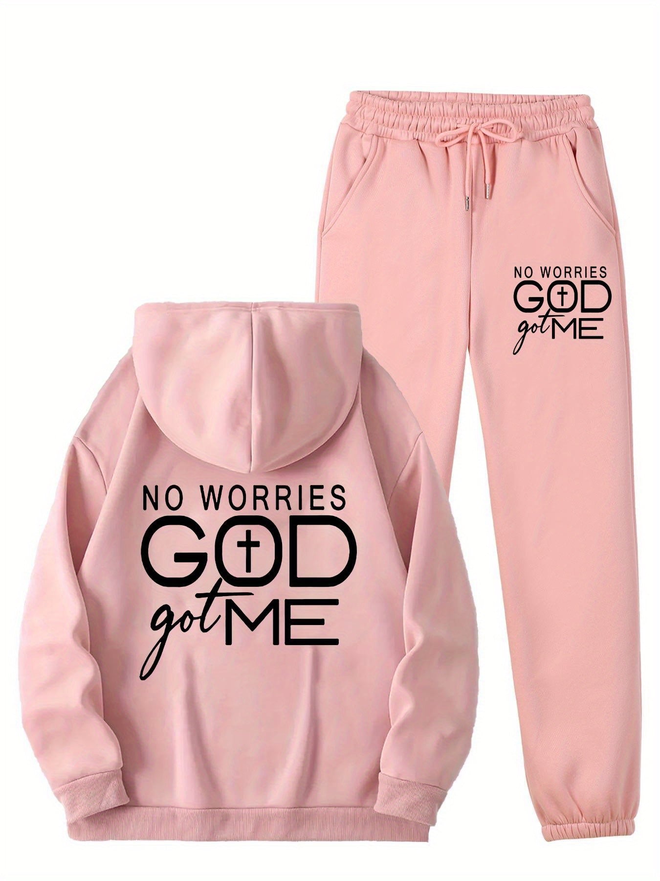 No Worries GOD Got Me Printed Women's Casual Sports Set, Sports Kangaroo Pocket Hoodie Set, Women's 2pcs Warm Set