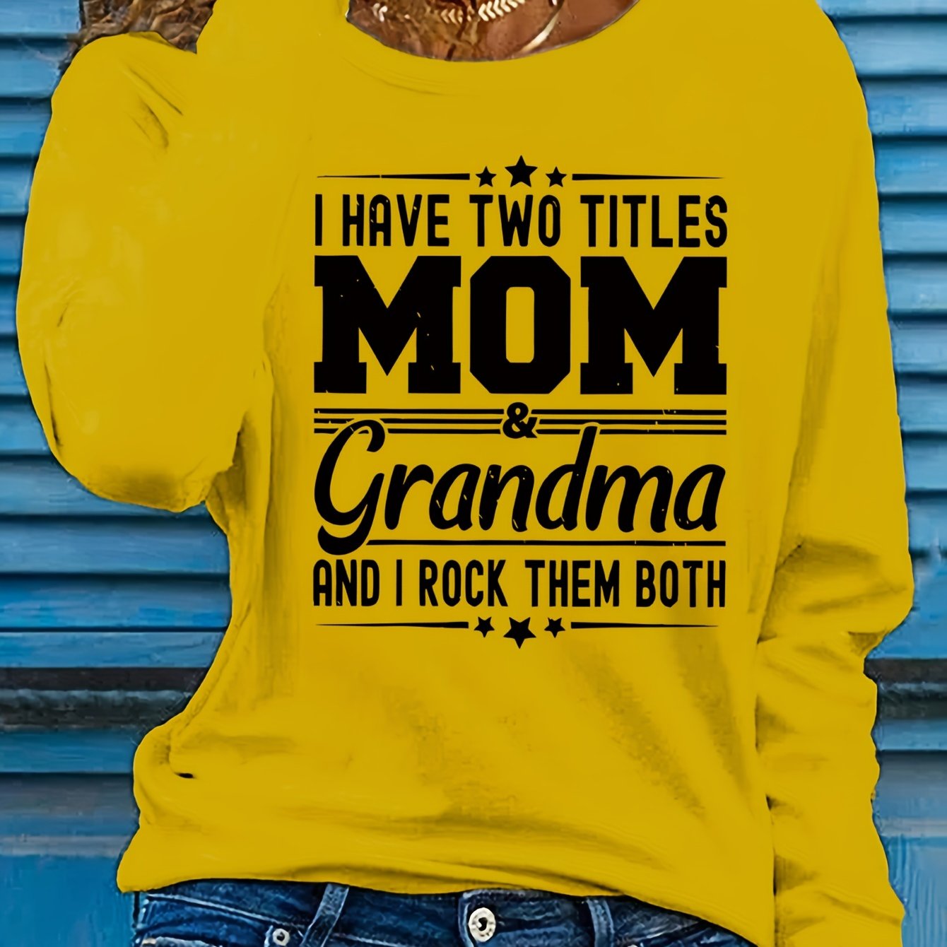 Women'S Long Sleeve Crew Neck T-Shirt with "Mom & Grandma" Letter Print, Casual Polyester Top for All Seasons, Knit Fabric with Medium Stretch, Regular Fit - Applique Detail