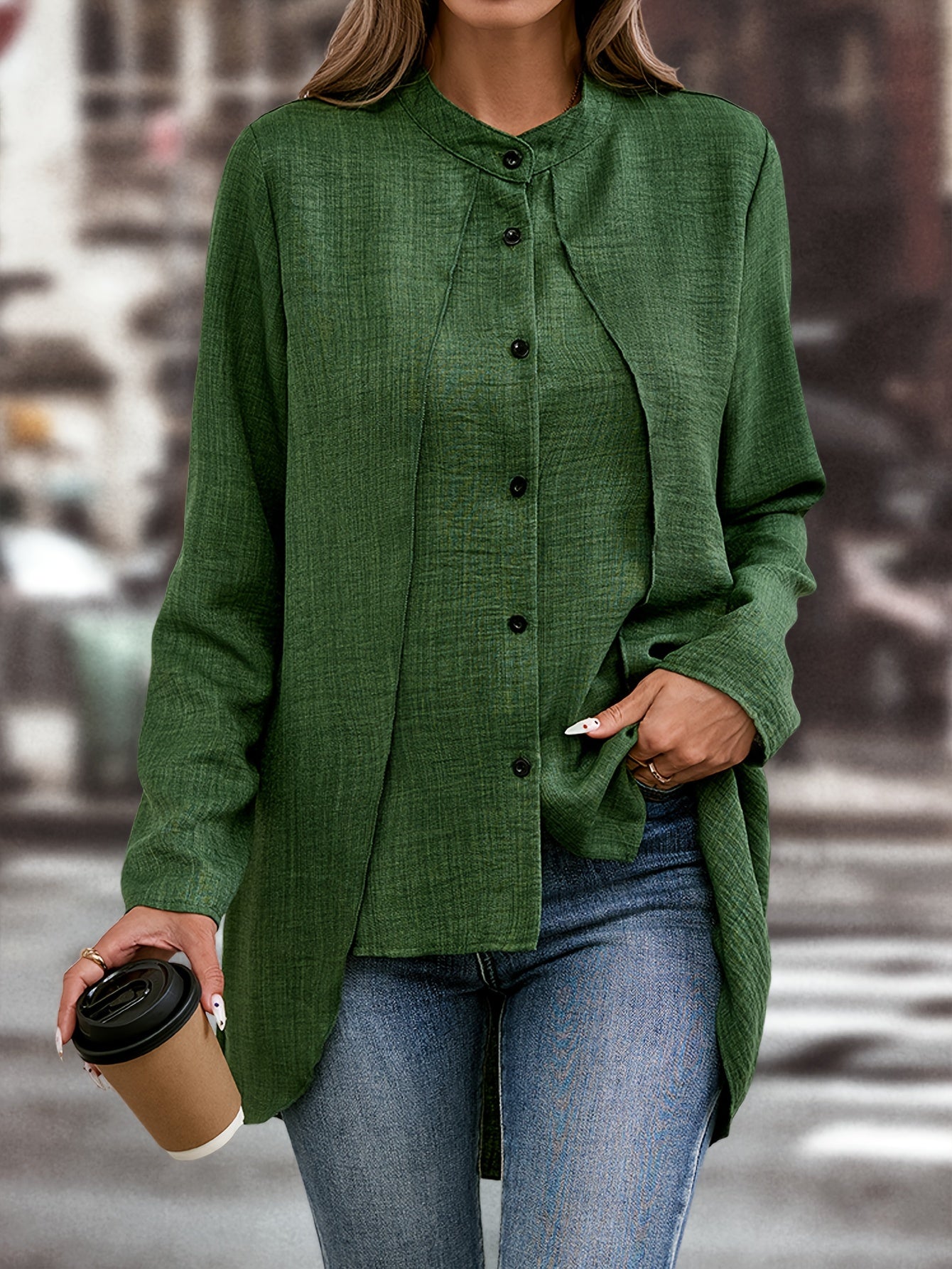 Solid Color Single Breasted Splicing Blouse, Elegant Long Sleeve Layered Blouse For Spring & Fall, Women's Clothing