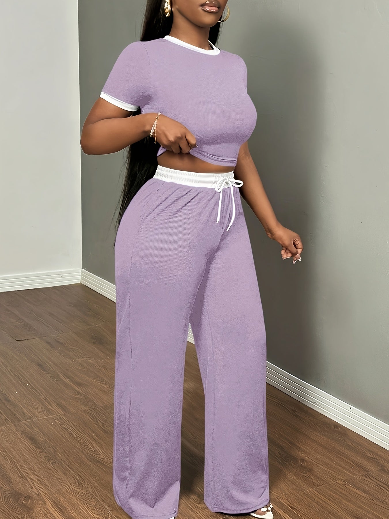 Round Neck Contrast Color Fashion Commuting Wearable Short Sleeve Wide Leg Pants 2pcs Women's Pajama Set