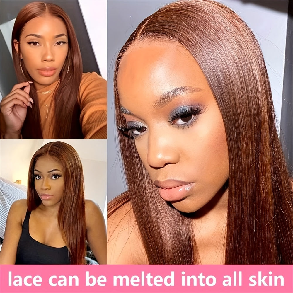 250% Density Chocolate Brown Straight Human Hair Wig - 13x5 HD Lace Front, Pre-Plucked Natural Hairline, Brazilian Remy Hair for Women, Long Silky Straight Style, Perfect for Everyday Glamour
