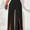 Ladies New Solid Color Belted Loose Wide Leg Slit Elegant Straight Pants