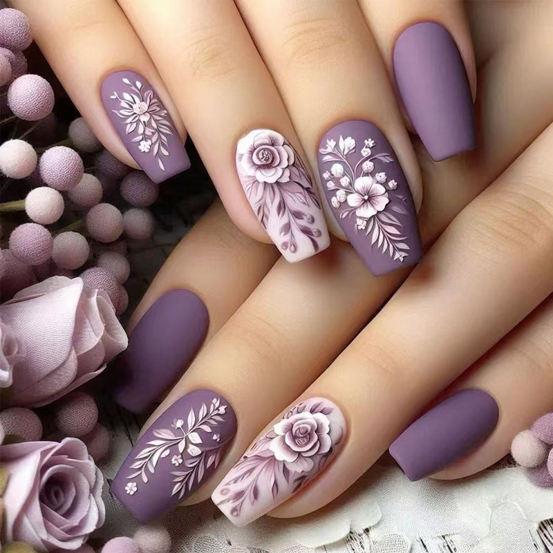 Christmas 96pcs (4pcs) Press-On Nails Set - Medium Length, 3D Flower Glossy Purple Finish with Floral Designs for Fashionable Fall & Winter Looks Christmas gift