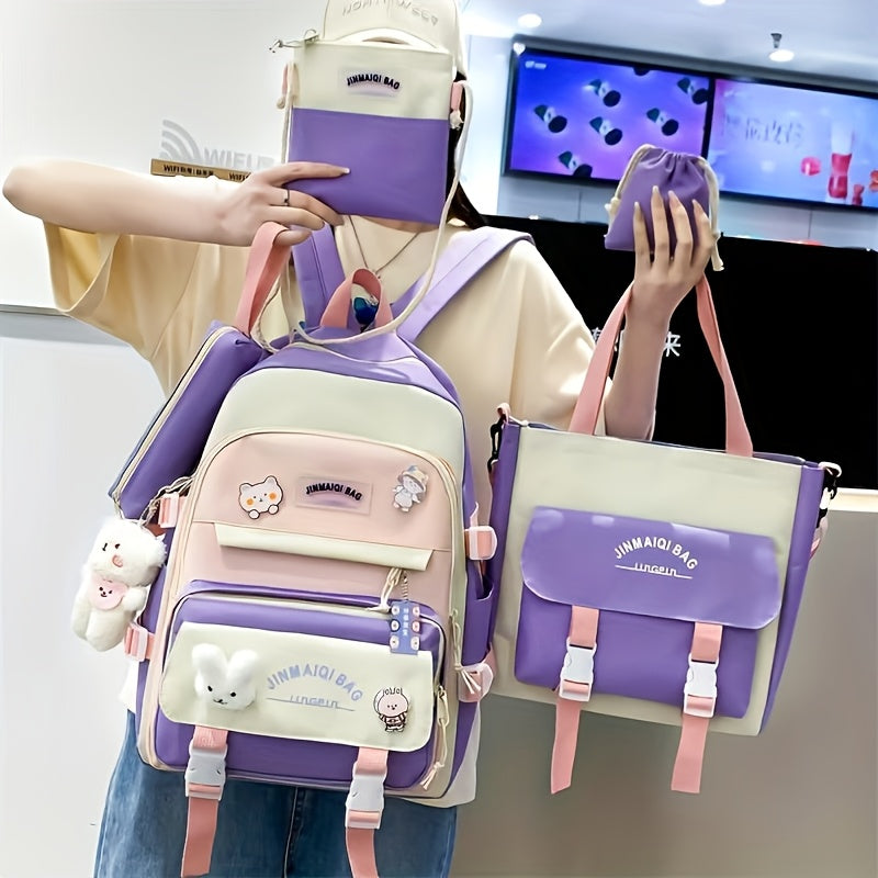 5pcs High School Junior High School Student Mori Department Backpack Girl Color Contrast Cute Large Capacity Backpack Anti-school Season Schoolbag