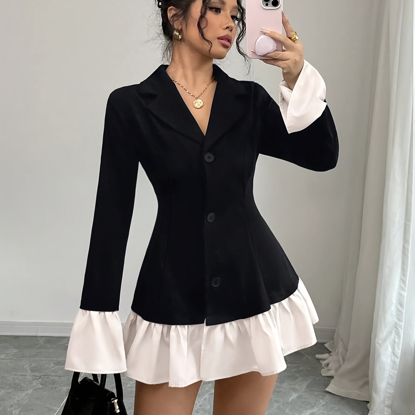 Women's Elegant Black & White Contrast Tailored Blazer Jacket with Notched Lapel, Ruffle Sleeve & Single-Button Closure - X-Silhouette Machine-Washable Spring/Fall Outerwear, Semiformal Attire | Pocketside Design | Sophistica