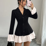 Women's Elegant Black & White Contrast Tailored Blazer Jacket with Notched Lapel, Ruffle Sleeve & Single-Button Closure - X-Silhouette Machine-Washable Spring/Fall Outerwear, Semiformal Attire | Pocketside Design | Sophistica