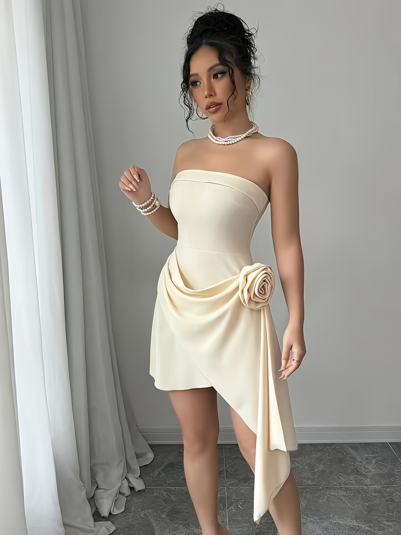 Elegant Off-Shoulder Bodycon Dress | Elegant Solid Color | Strapless with Bow Detail | Floral A-Line Skirt | Perfect for Spring & Summer | Adult Women'S Fashion | Sophisticated Design, Cute Dresses