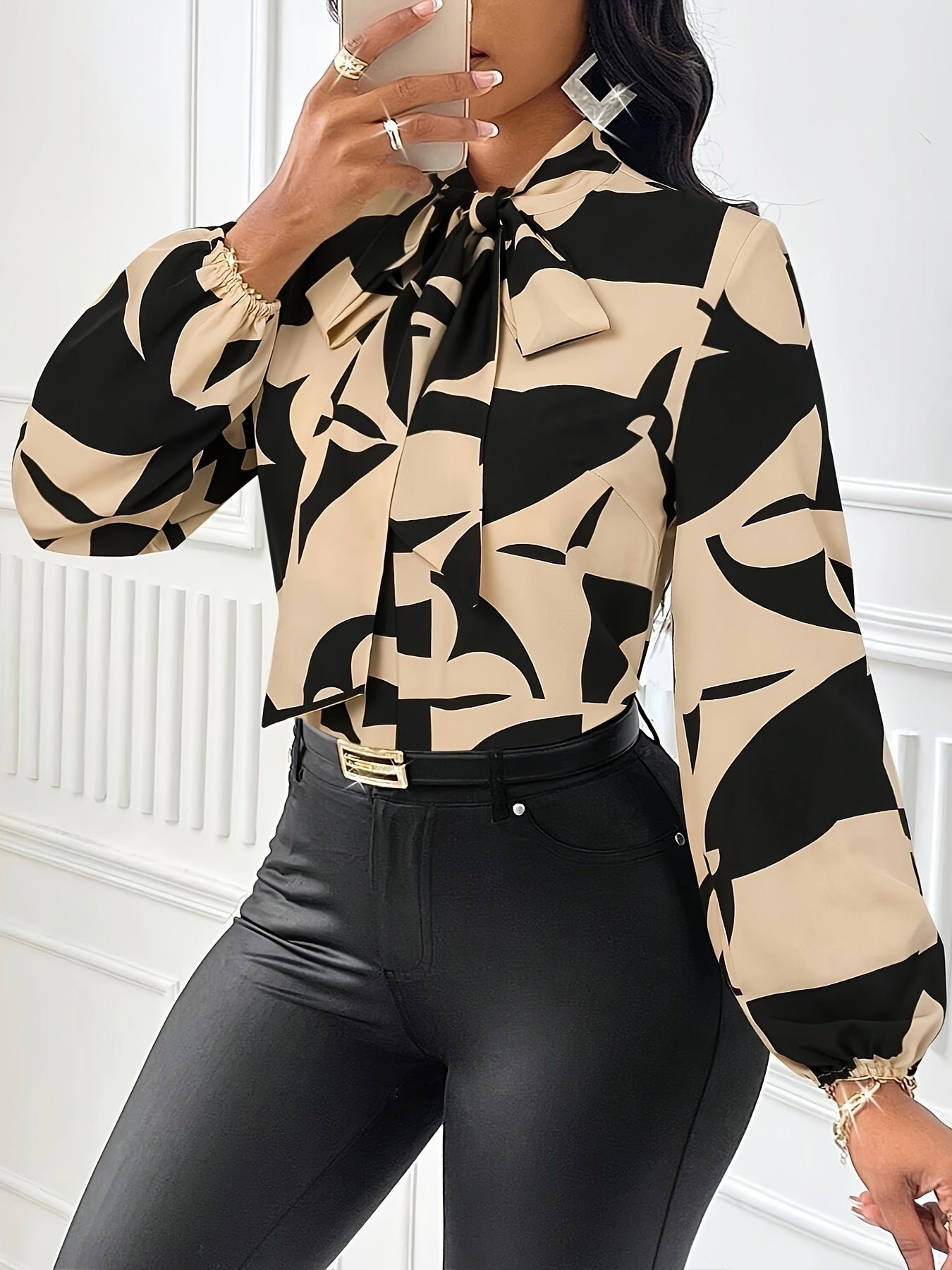 Elegant Geometric Print Blouse with Tie-Neck & Lantern Sleeves - Machine Washable, Beige & Black Color Block Design, Versatile for All Seasons, Perfect for Office or Casual Outfits