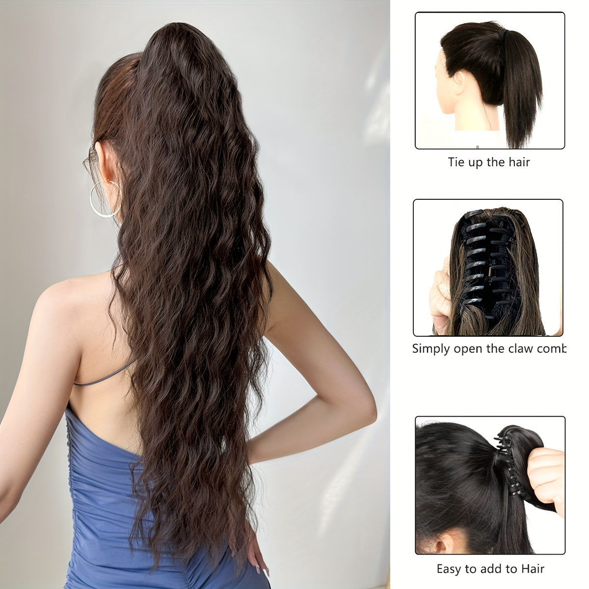 YUSULAXI Women'S 28-Inch Brown Wavy Ponytail Extension, High Temperature Fiber Clip-In Tailpiece, Synthetic Hairpiece for Ladies