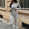 Women's Solid Color Long Sleeve Yoga Jumpsuit - Slim Fit Activewear Bodysuit for Fitness and Yoga