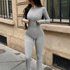 Women's Solid Color Long Sleeve Yoga Jumpsuit - Slim Fit Activewear Bodysuit for Fitness and Yoga