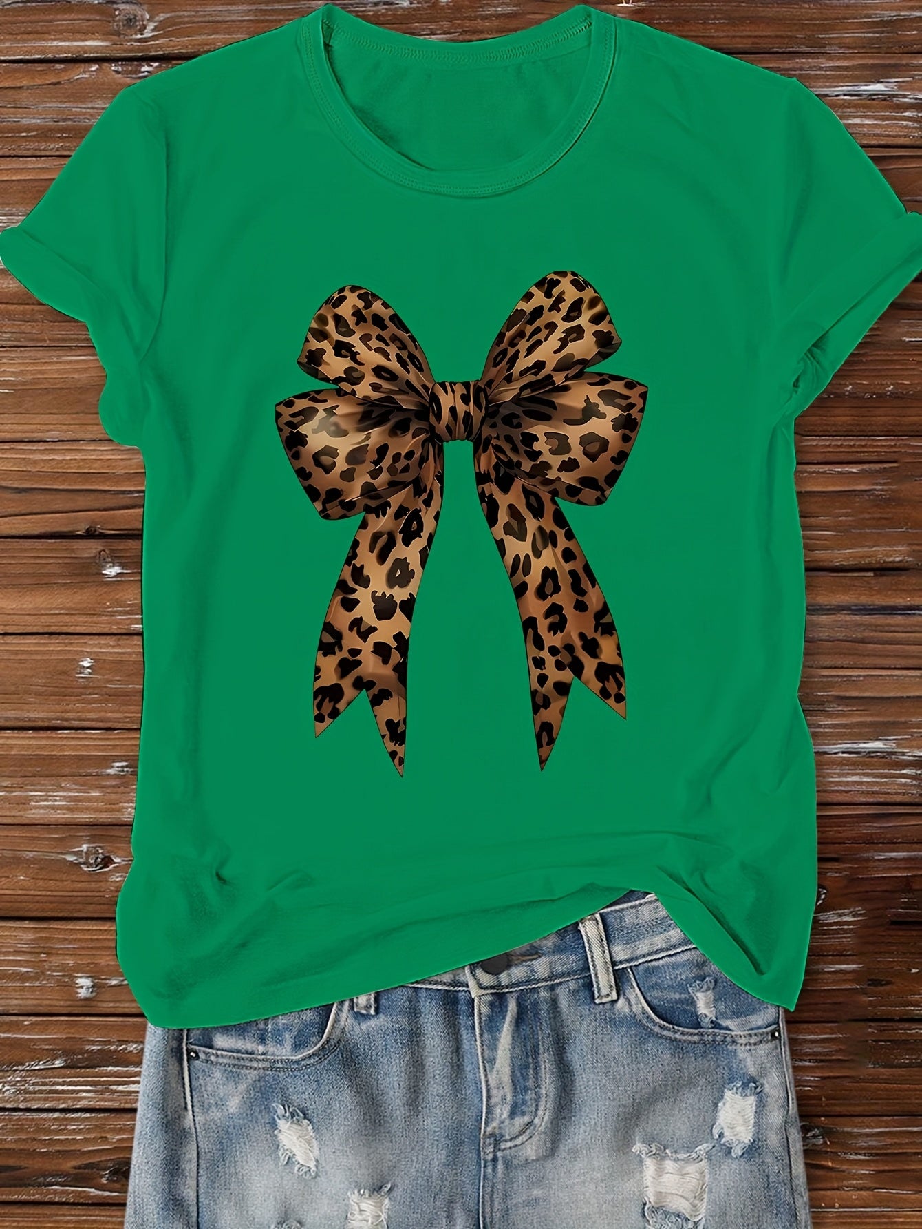 Women's Casual Leopard Print Bowknot T-Shirt - Short Sleeve, Round Neck, Soft & Comfortable Fabric, Perfect for Spring/Summer Fashion, Green Graphic Tee with Stylish Bow Design, Casual Wear | Playful Graphic Tee | Stylish Gra