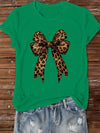 Women's Casual Leopard Print Bowknot T-Shirt - Short Sleeve, Round Neck, Soft & Comfortable Fabric, Perfect for Spring/Summer Fashion, Green Graphic Tee with Stylish Bow Design, Casual Wear | Playful Graphic Tee | Stylish Gra