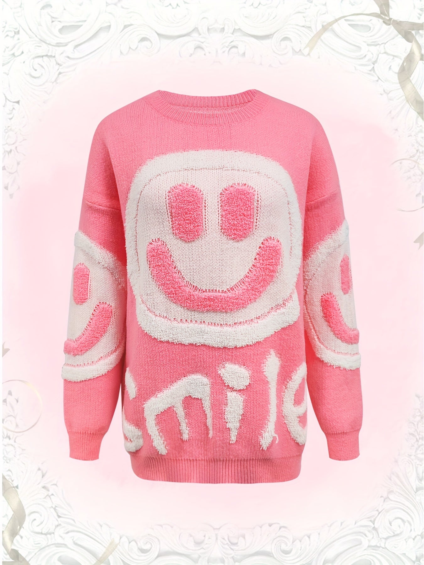 Chic joyful Face Jacquard Sweater for Women - Cozy Long Sleeve Crew Neck Pullover, Perfect for Fall/Winter - Soft & Warm - For Women - Suitable for Fall/Winter - Great Gift for Birthday & Holidays