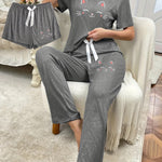 3pcs Cartoon joyful Cat Print Pajama Set for Women, Short Sleeve Top and Long Pants Shorts, Casual Comfortable Home Wear