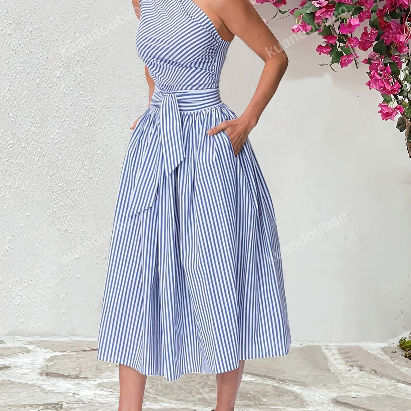 Women'S Casual Loose Fit Striped Sleeveless Dress with Belt, Off the Shoulder Collar, Side Pockets - Perfect for Spring/Summer